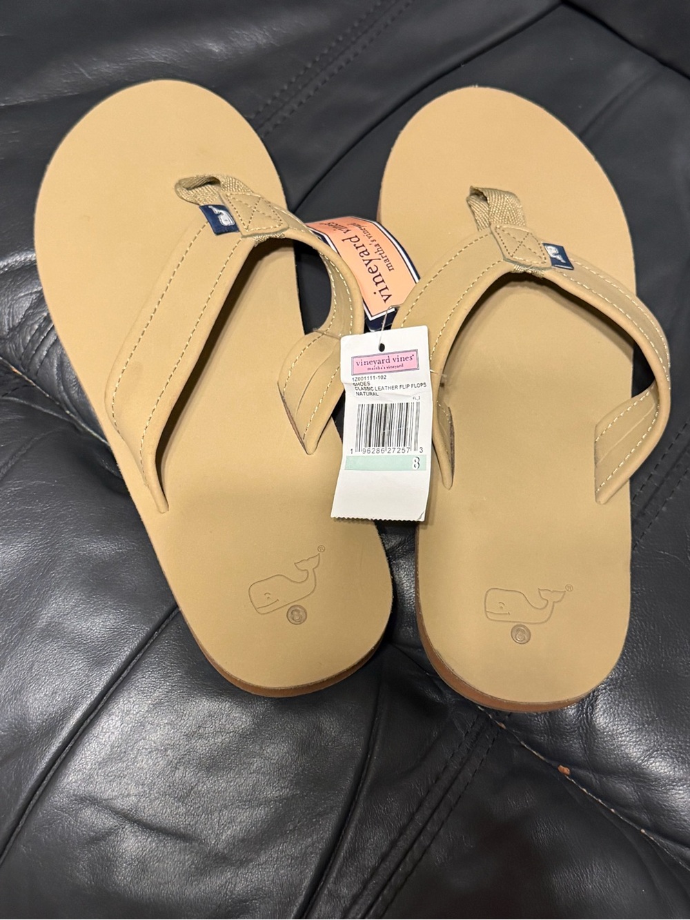 Vineyard Vines Men’s Tan Flip Flop Sandals with Whale Logo